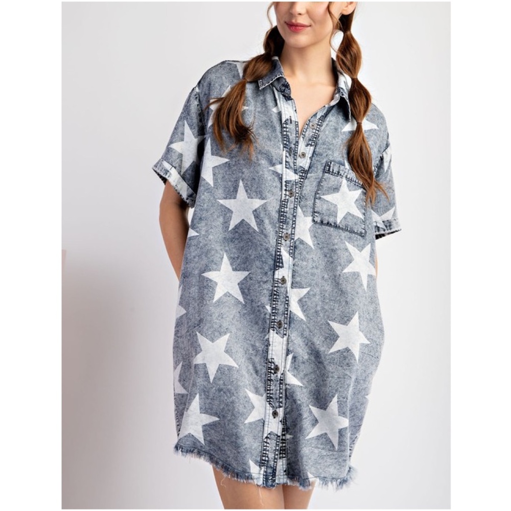 Star Print Denim Shirt Dress - Blue - Picture 12 of 12